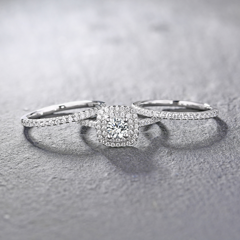 Round Cut Diamond White 3-Piece 925 Sterling Silver Double Halo Bridal Ring Set