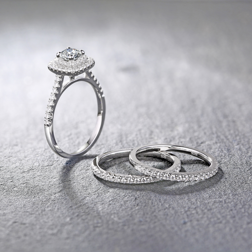 Round Cut Diamond White 3-Piece 925 Sterling Silver Double Halo Bridal Ring Set