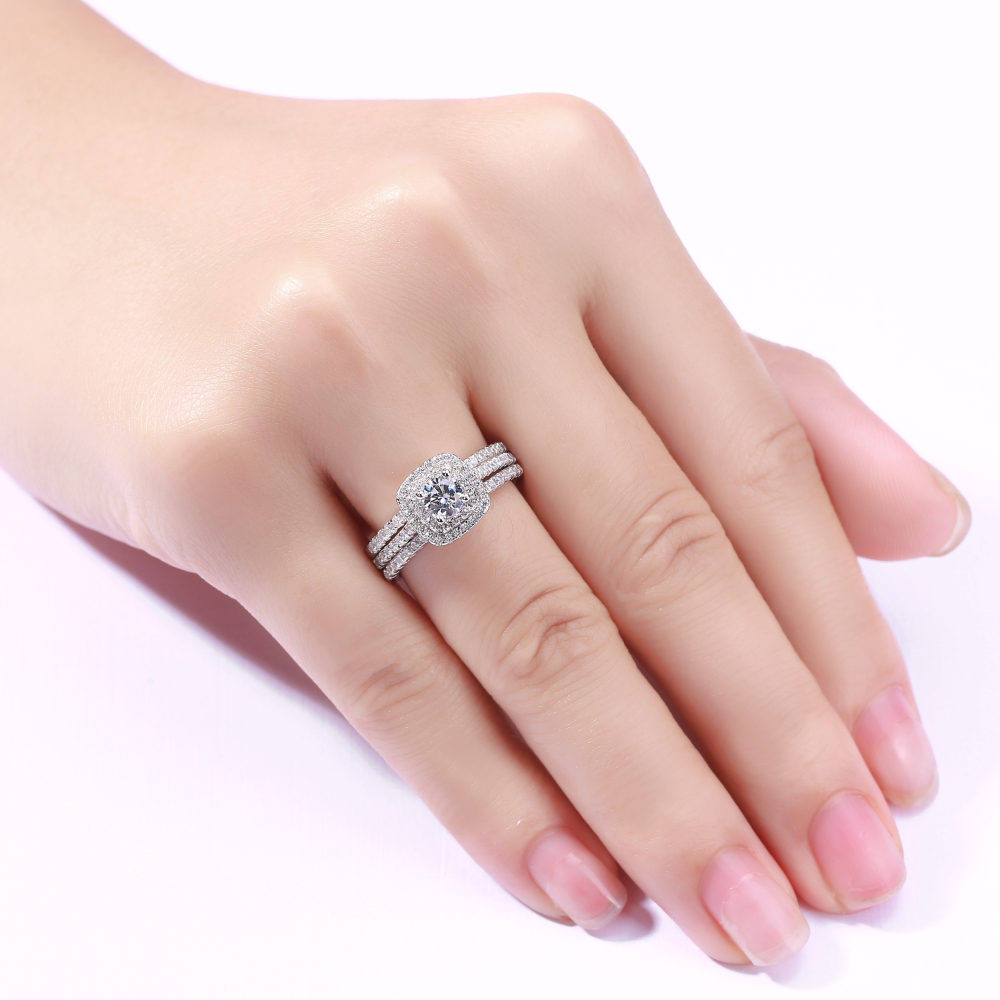 Round Cut Diamond White 3-Piece 925 Sterling Silver Double Halo Bridal Ring Set