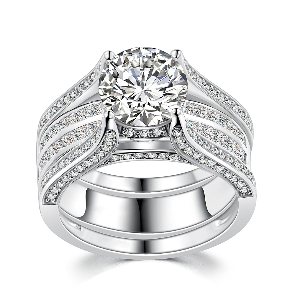 Round Cut Diamond White Sterling Silver Insert Enhancer Bridal Ring Set