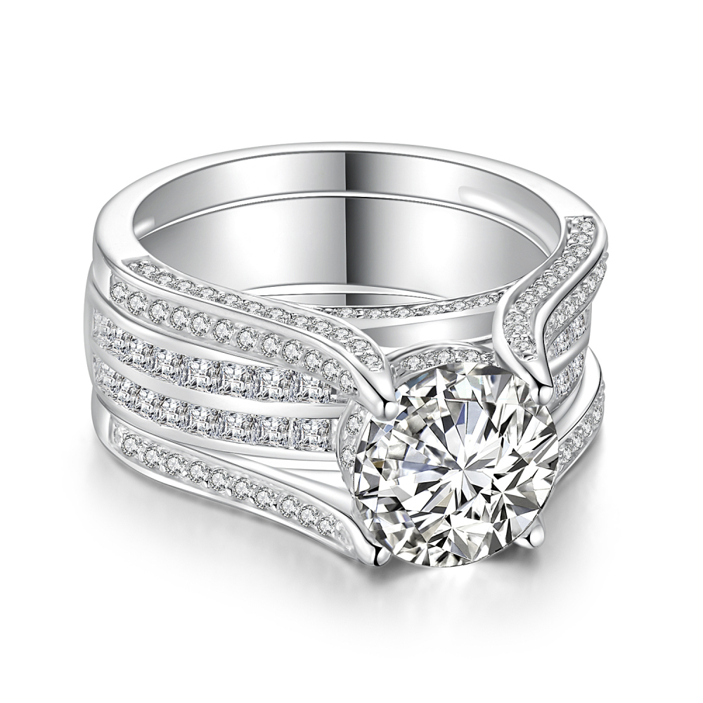 Round Cut Diamond White Sterling Silver Insert Enhancer Bridal Ring Set