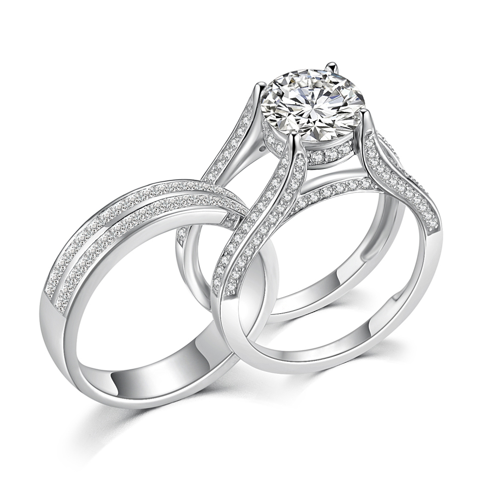 Round Cut Diamond White Sterling Silver Insert Enhancer Bridal Ring Set
