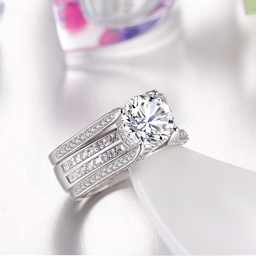 Round Cut Diamond White Sterling Silver Insert Enhancer Bridal Ring Set