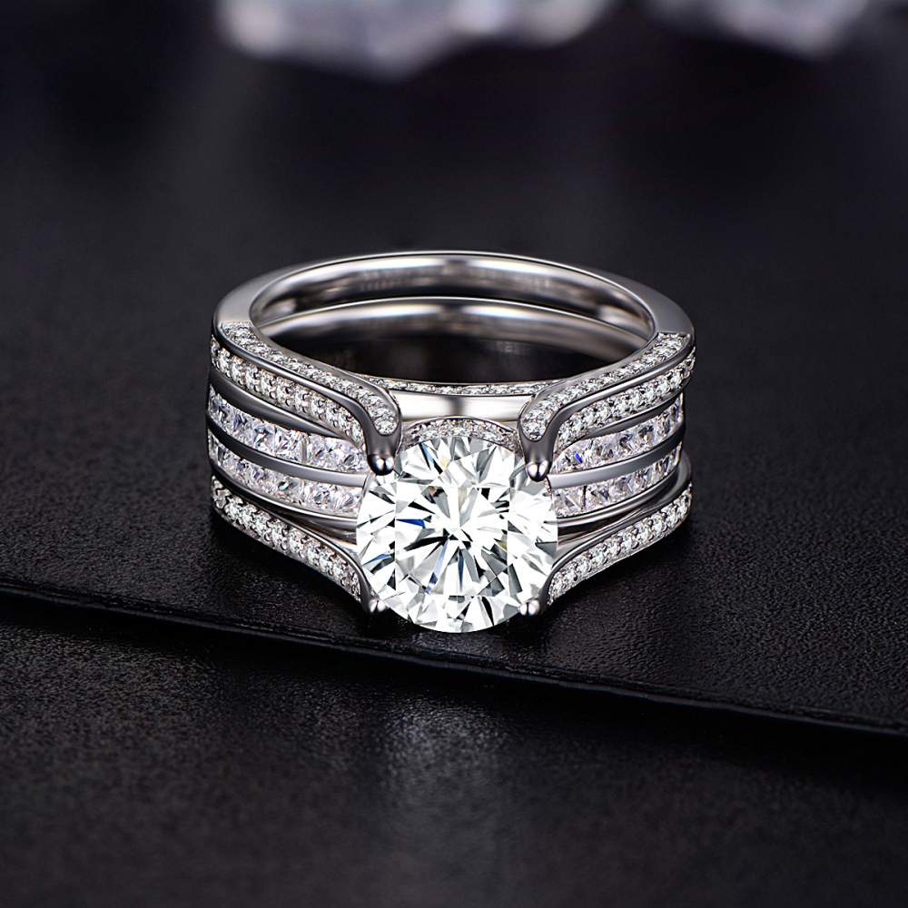 Round Cut Diamond White Sterling Silver Insert Enhancer Bridal Ring Set