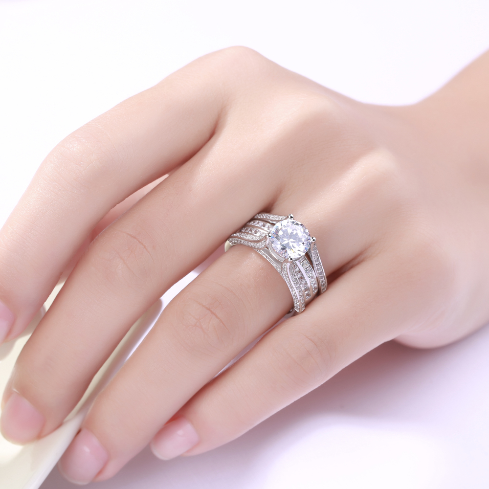 Round Cut Diamond White Sterling Silver Insert Enhancer Bridal Ring Set