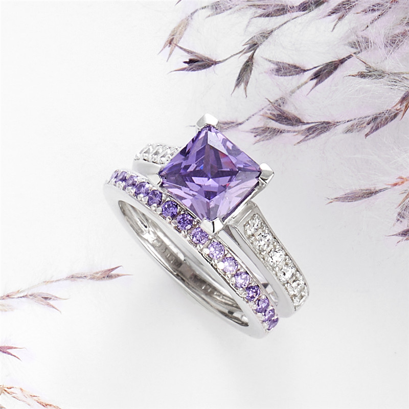 Princess Cut Amethyst Purple 925 Sterling Silver Bridal Ring Set