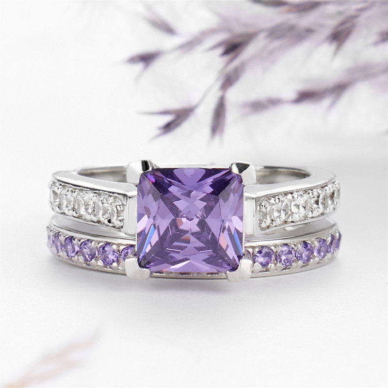 Princess Cut Amethyst Purple 925 Sterling Silver Bridal Ring Set