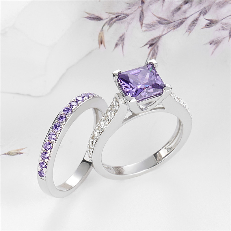 Princess Cut Amethyst Purple 925 Sterling Silver Bridal Ring Set
