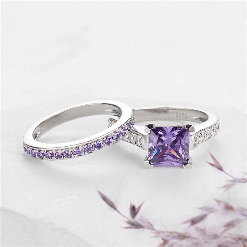 Princess Cut Amethyst Purple 925 Sterling Silver Bridal Ring Set