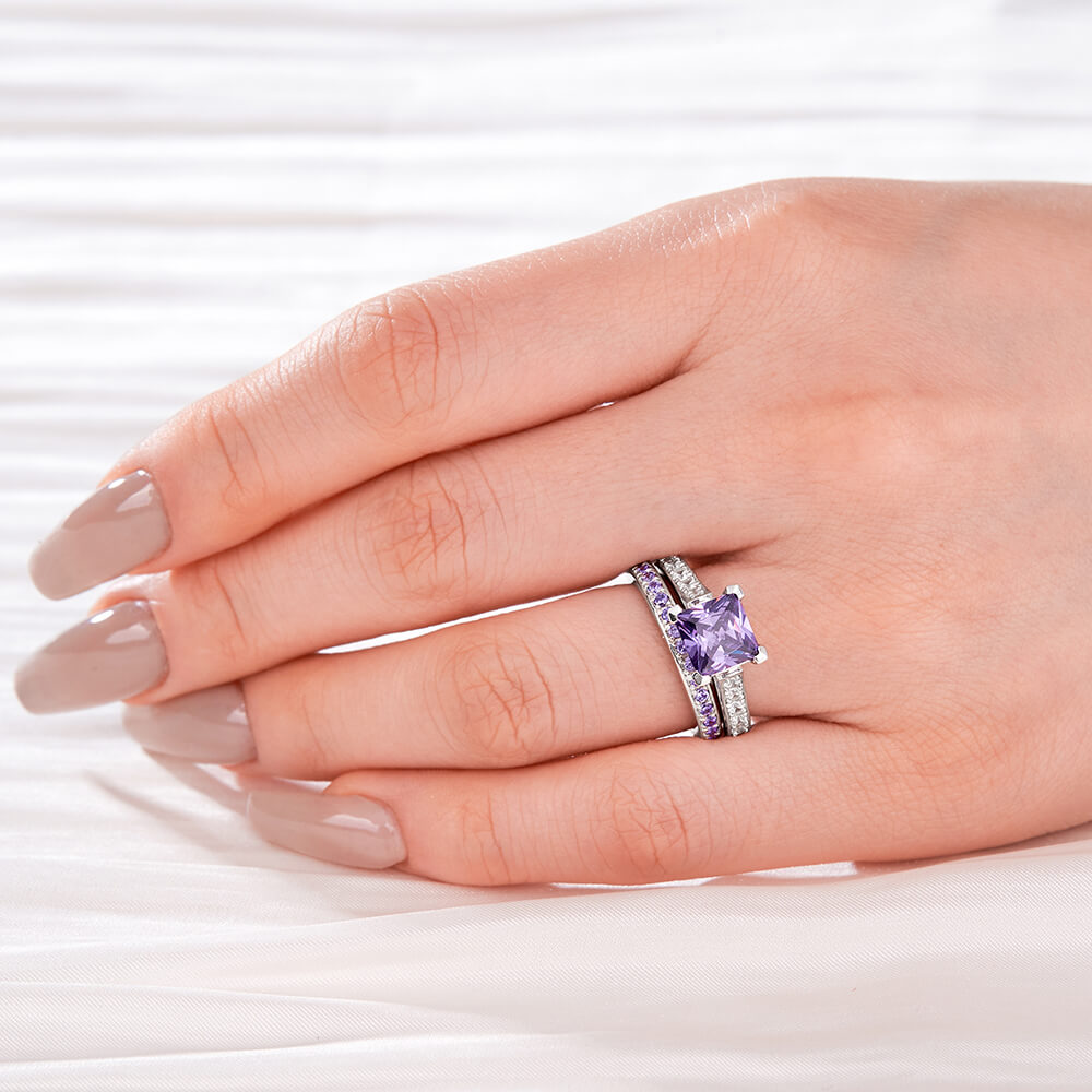 Princess Cut Amethyst Purple 925 Sterling Silver Bridal Ring Set