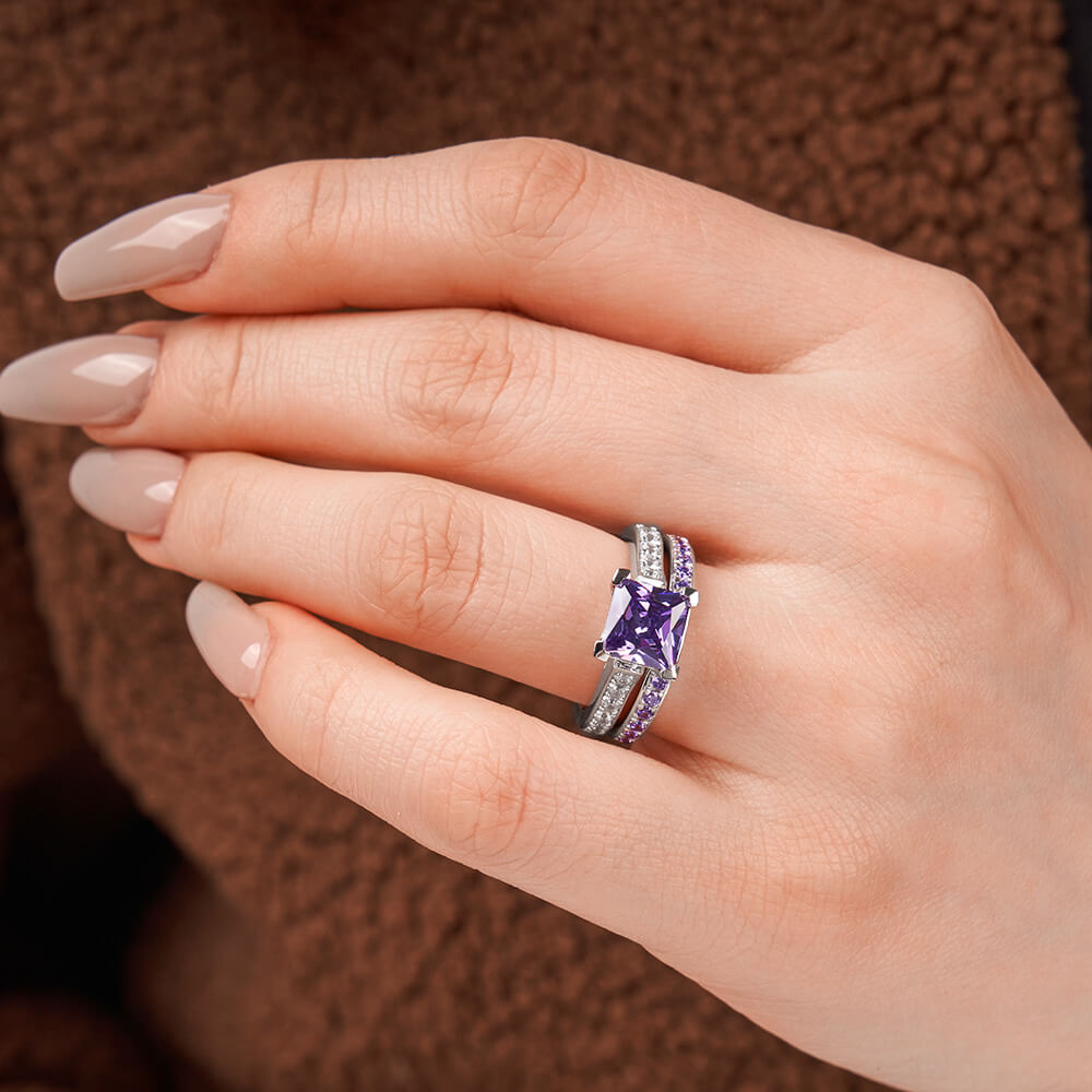 Princess Cut Amethyst Purple 925 Sterling Silver Bridal Ring Set