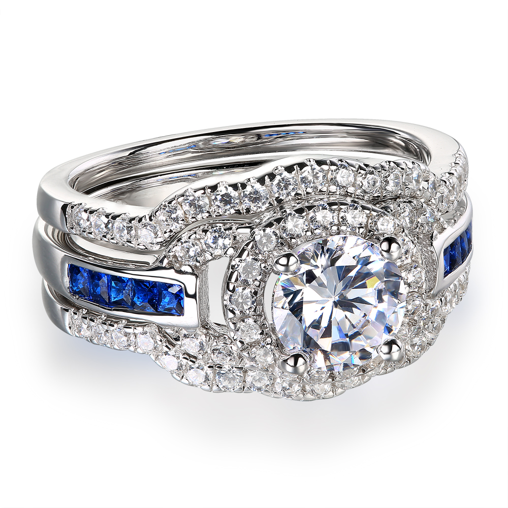 Round Cut Diamond White 925 Sterling Silver 3-Piece Bridal Ring Set