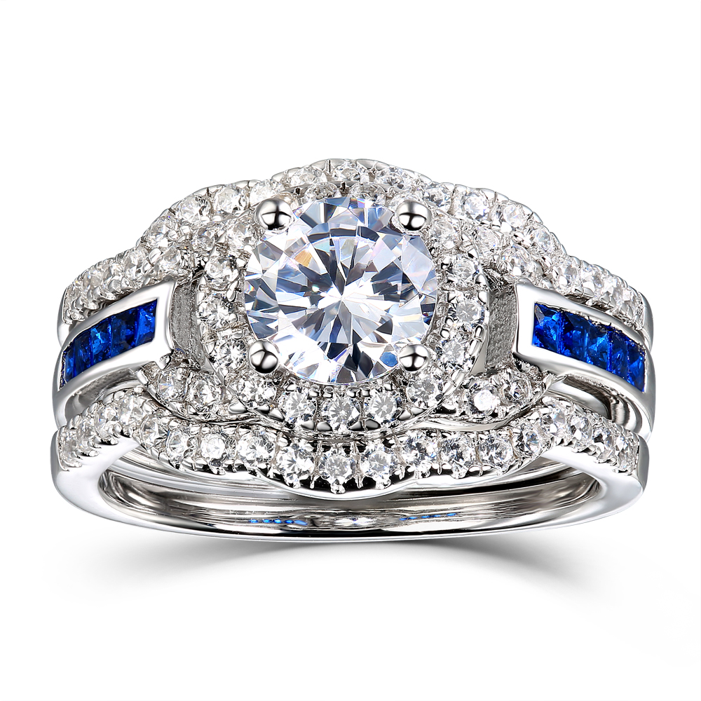 Round Cut Diamond White 925 Sterling Silver 3-Piece Bridal Ring Set