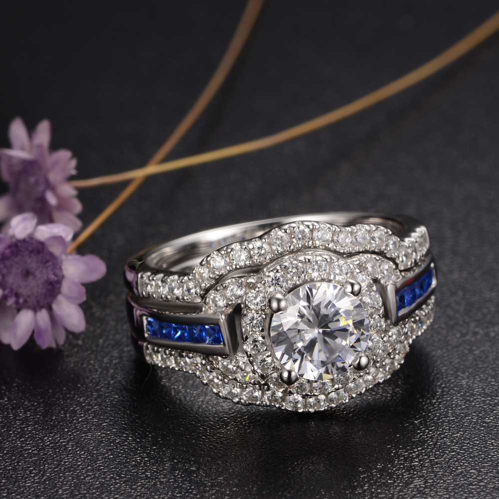 Round Cut Diamond White 925 Sterling Silver 3-Piece Bridal Ring Set