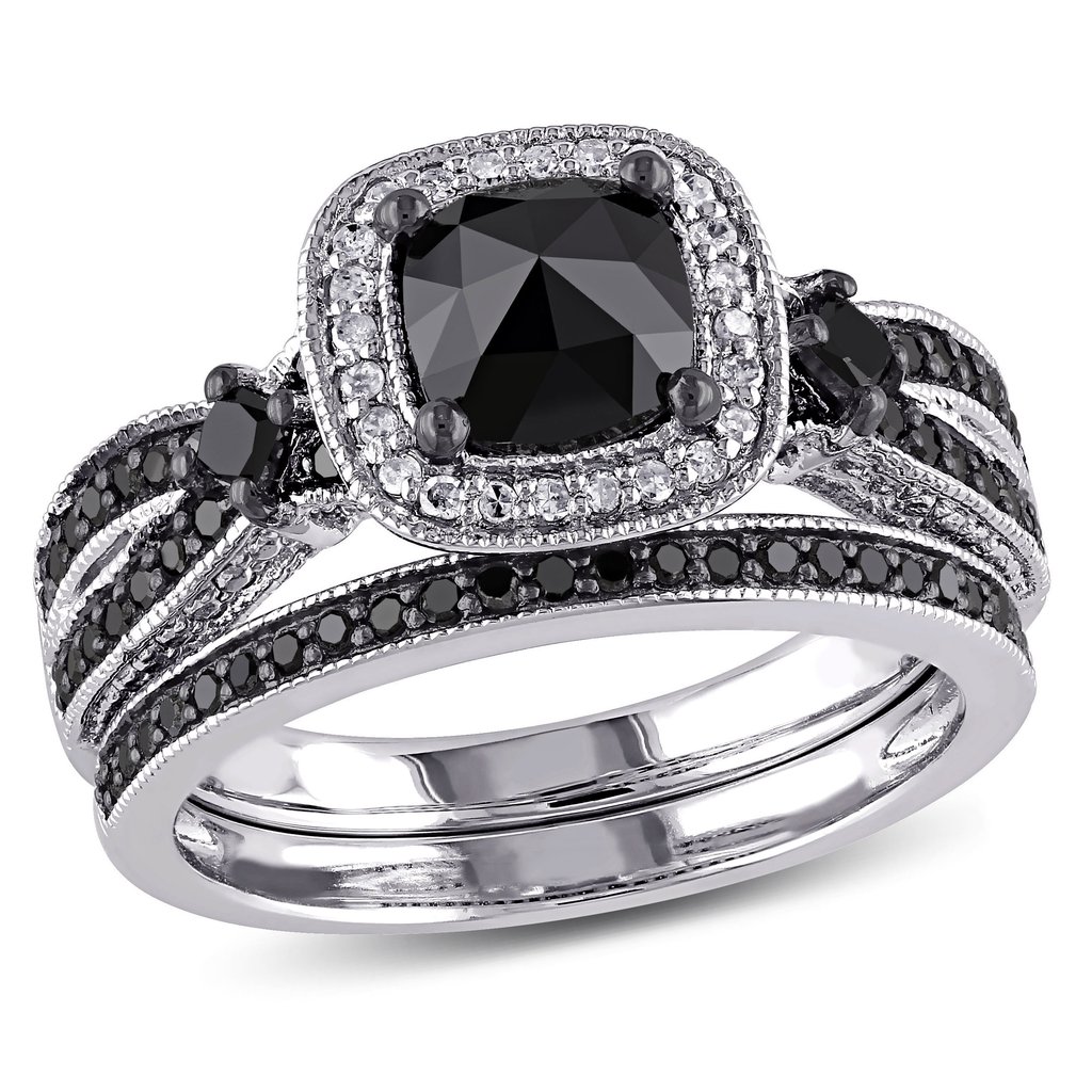 Cushion Cut Fancy Black 925 Sterling Silver Halo Bridal Ring Set