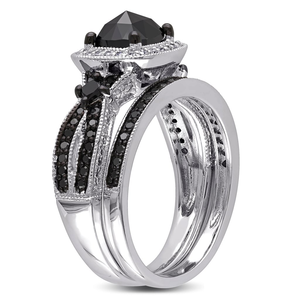 Cushion Cut Fancy Black 925 Sterling Silver Halo Bridal Ring Set