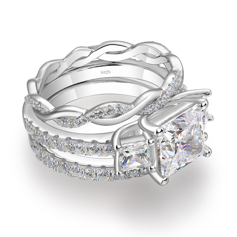 Princess Cut Diamond White 925 Sterling Silver 3-Stone 3-Piece Bridal Ring Set