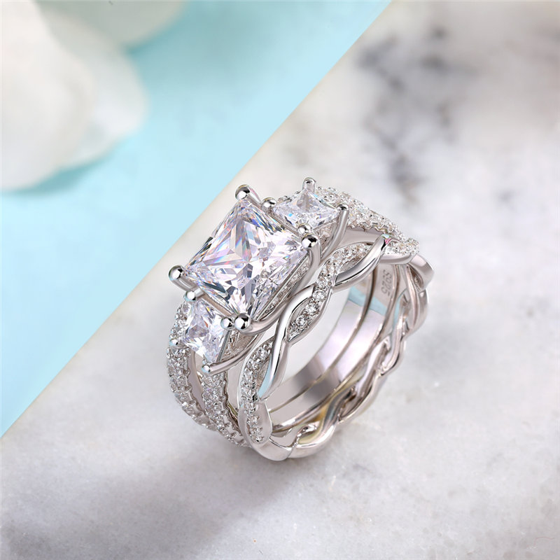 Princess Cut Diamond White 925 Sterling Silver 3-Stone 3-Piece Bridal Ring Set