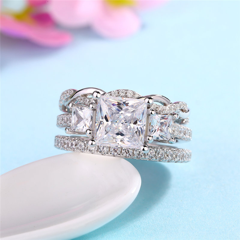 Princess Cut Diamond White 925 Sterling Silver 3-Stone 3-Piece Bridal Ring Set