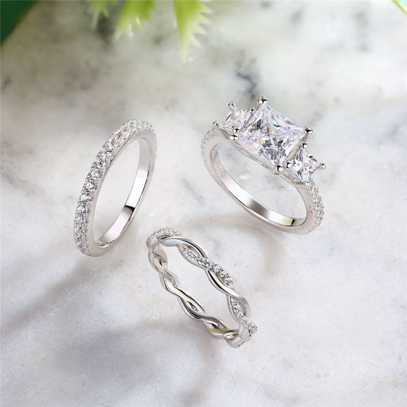 Princess Cut Diamond White 925 Sterling Silver 3-Stone 3-Piece Bridal Ring Set