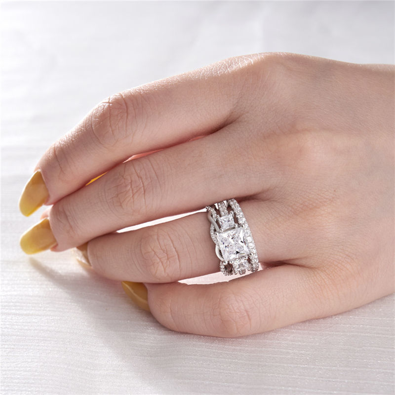 Princess Cut Diamond White 925 Sterling Silver 3-Stone 3-Piece Bridal Ring Set