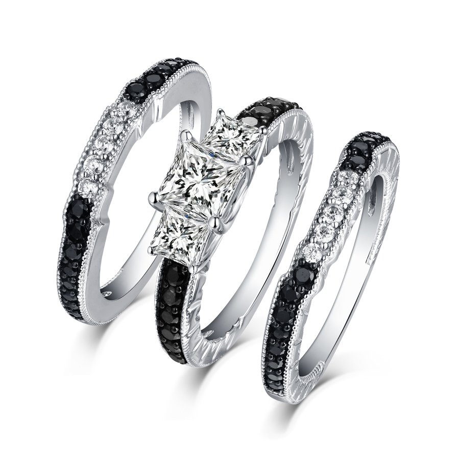 Princess Cut Black and White Gemstone S925 Silver 3-Stone 3-Piece Bridal Ring Set