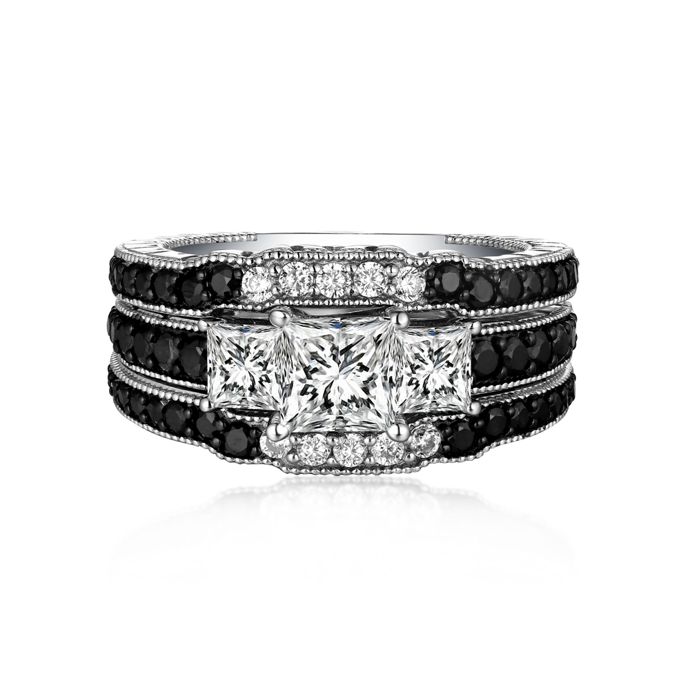 Princess Cut Black and White Gemstone S925 Silver 3-Stone 3-Piece Bridal Ring Set
