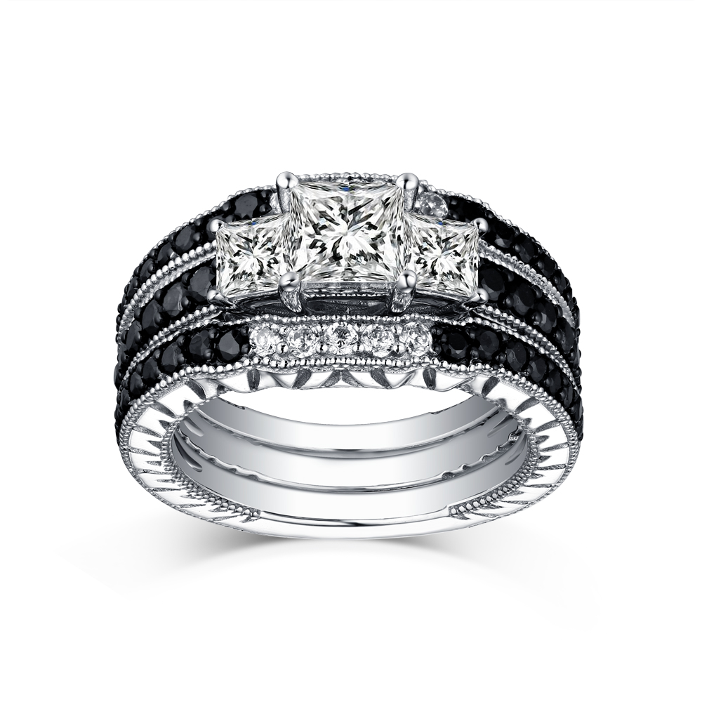 Princess Cut Black and White Gemstone S925 Silver 3-Stone 3-Piece Bridal Ring Set