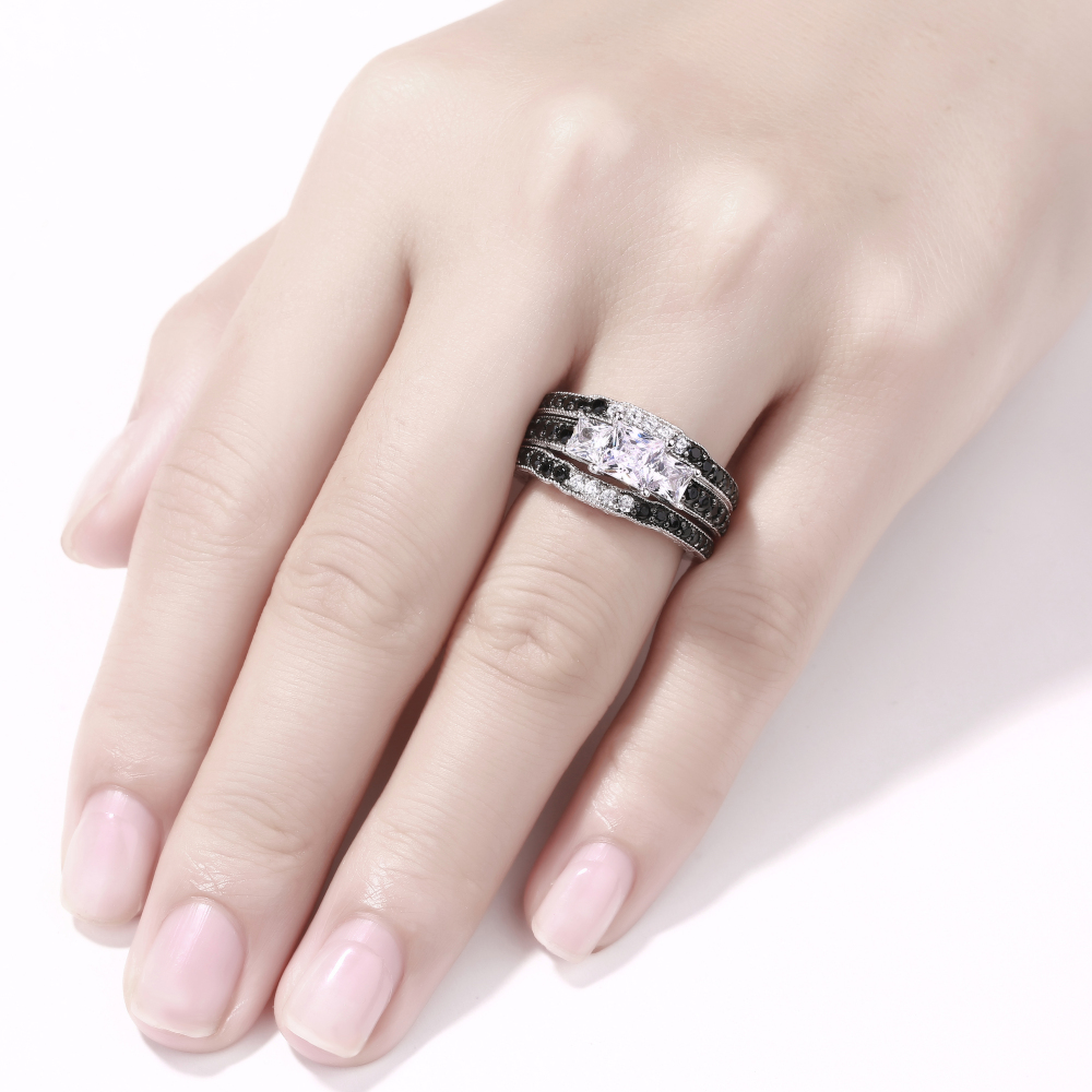 Princess Cut Black and White Gemstone S925 Silver 3-Stone 3-Piece Bridal Ring Set
