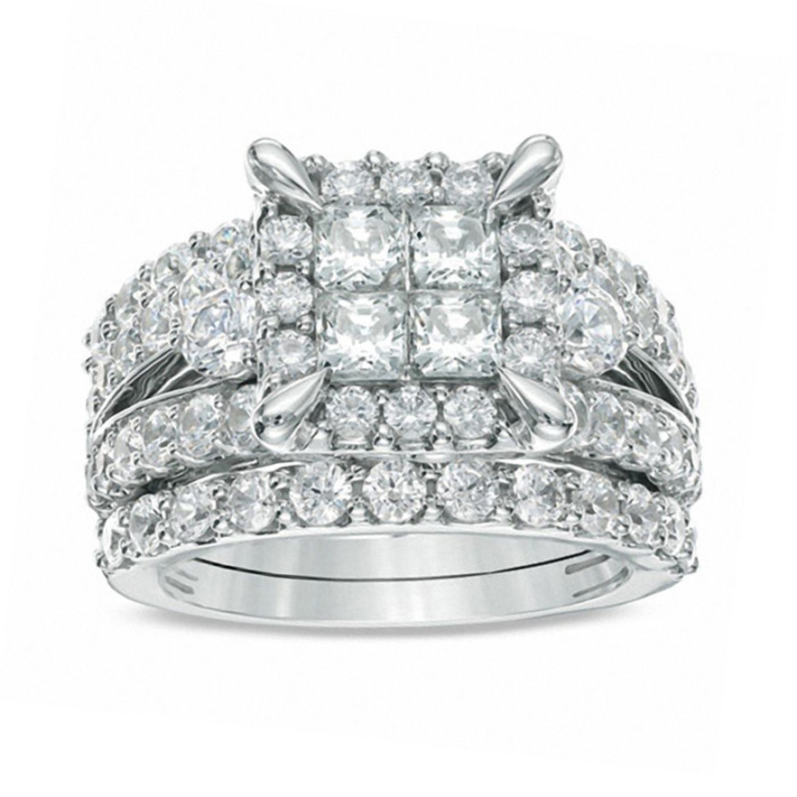 Princess Cut Diamond White 925 Sterling Silver Halo Bridal Ring Set