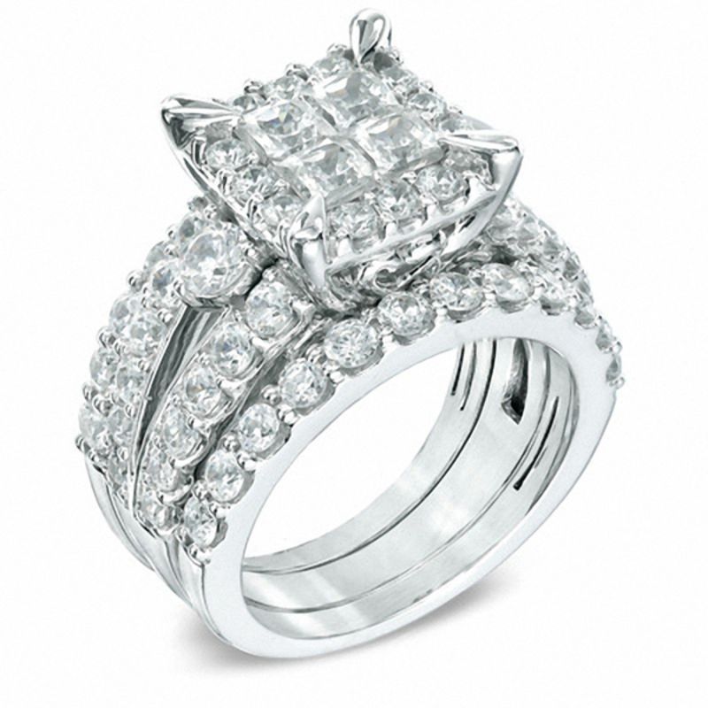 Princess Cut Diamond White 925 Sterling Silver Halo Bridal Ring Set