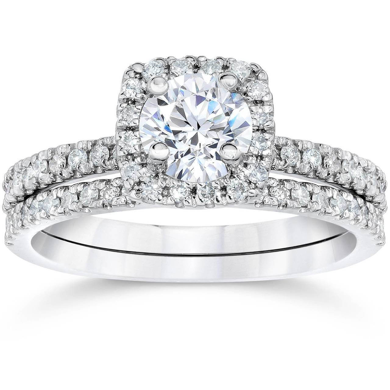 Round Cut Diamond White 925 Sterling Silver Halo Bridal Ring Set