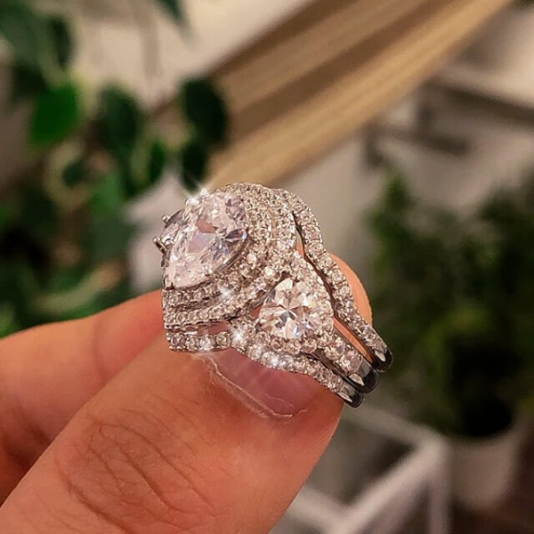 Pear Cut Diamond White 925 Sterling Silver Halo 3-Piece Bridal Ring Set