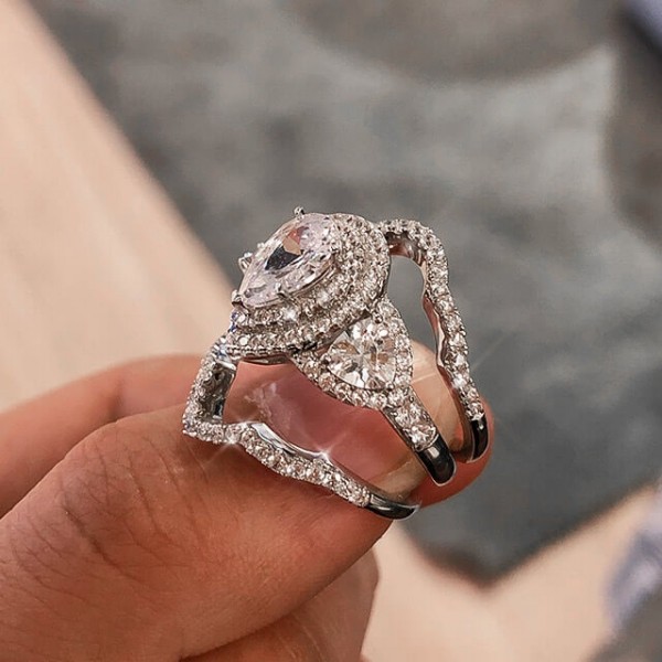 Pear Cut Diamond White 925 Sterling Silver Halo 3-Piece Bridal Ring Set