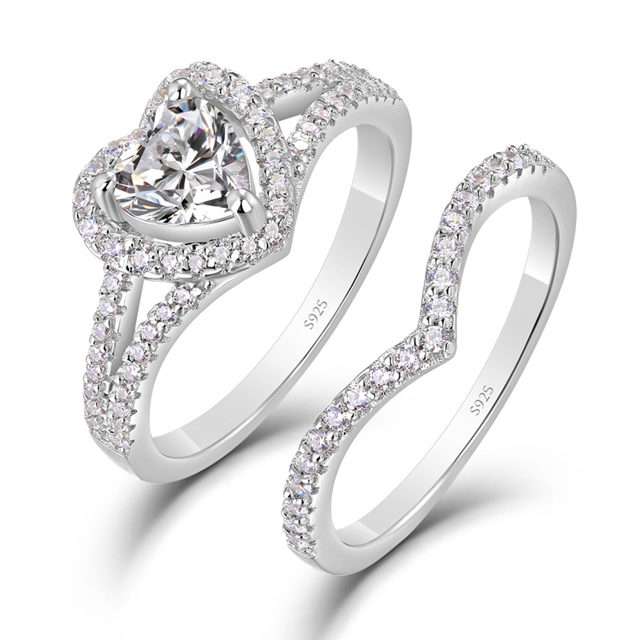 Heart Cut Diamond White 925 Sterling Silver Halo Bridal Ring Set