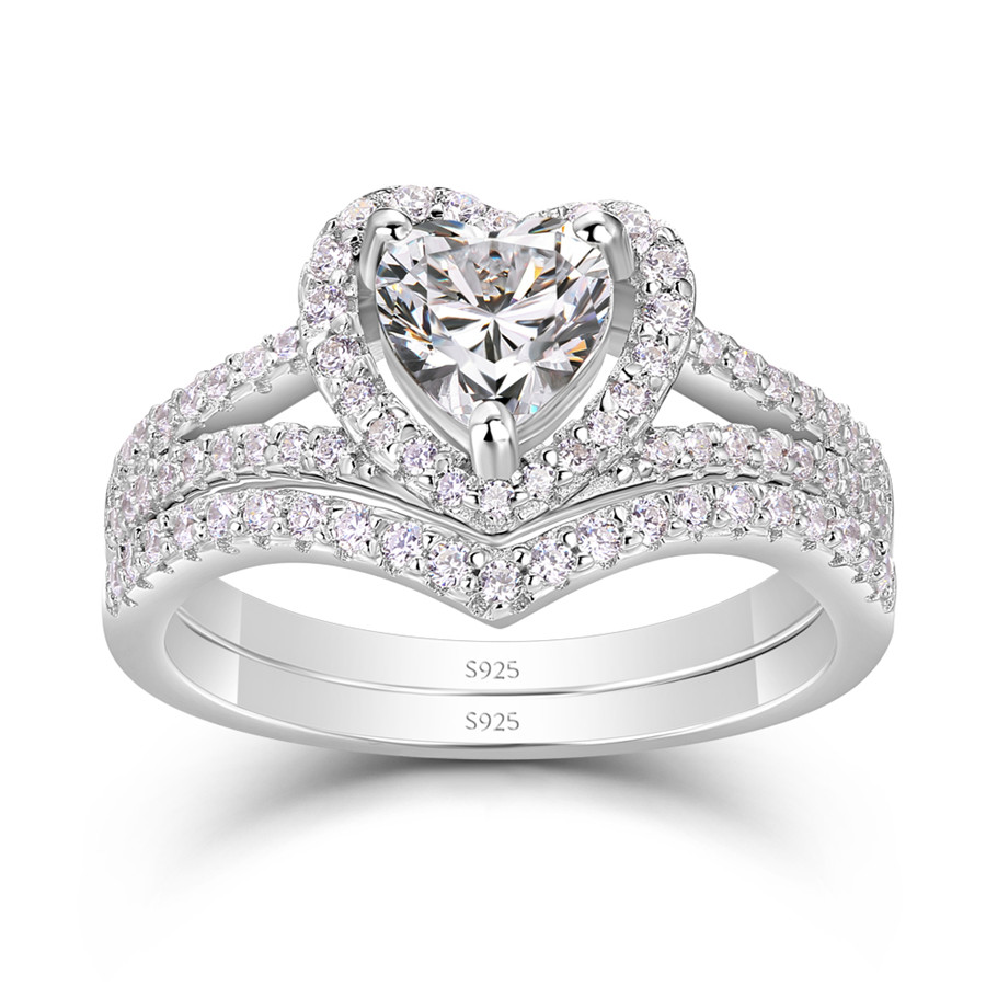 Heart Cut Diamond White 925 Sterling Silver Halo Bridal Ring Set