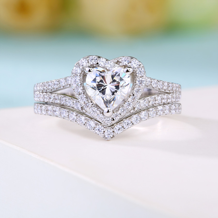 Heart Cut Diamond White 925 Sterling Silver Halo Bridal Ring Set
