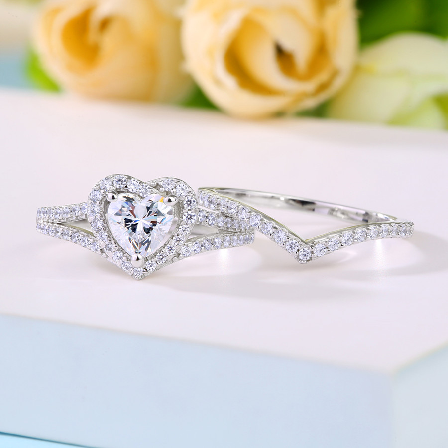 Heart Cut Diamond White 925 Sterling Silver Halo Bridal Ring Set