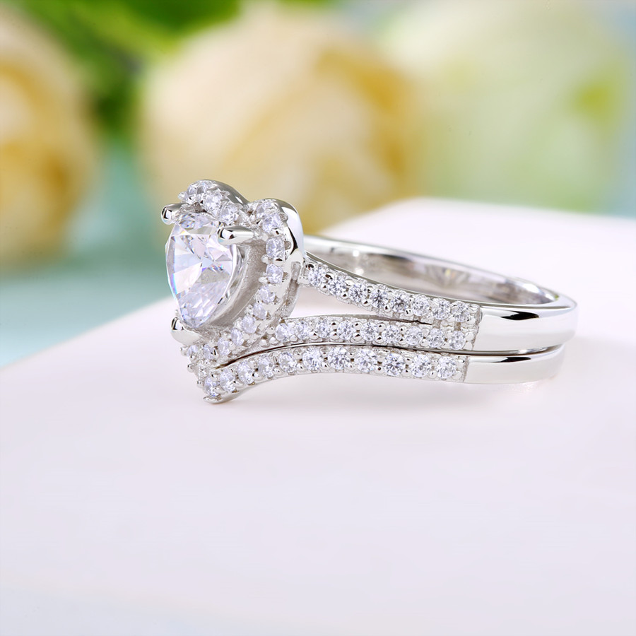 Heart Cut Diamond White 925 Sterling Silver Halo Bridal Ring Set