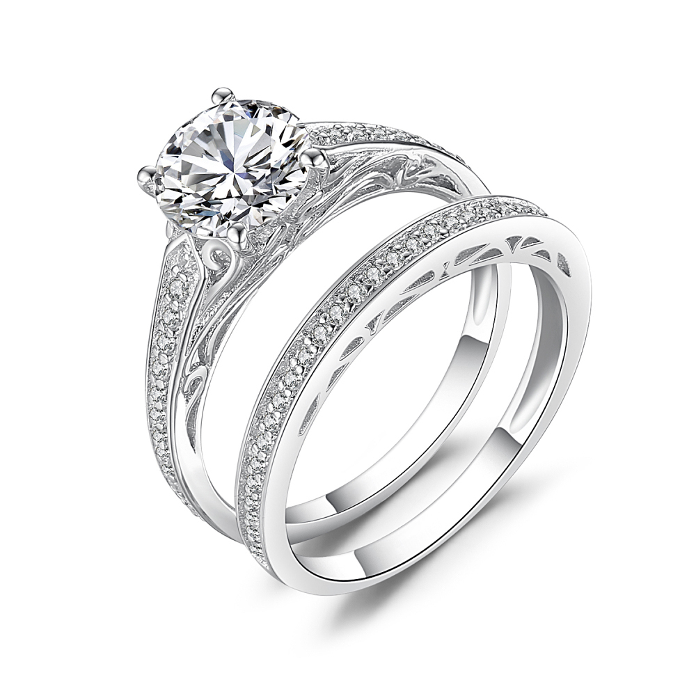 Round Cut Diamond White 925 Sterling Silver Bridal Ring Set