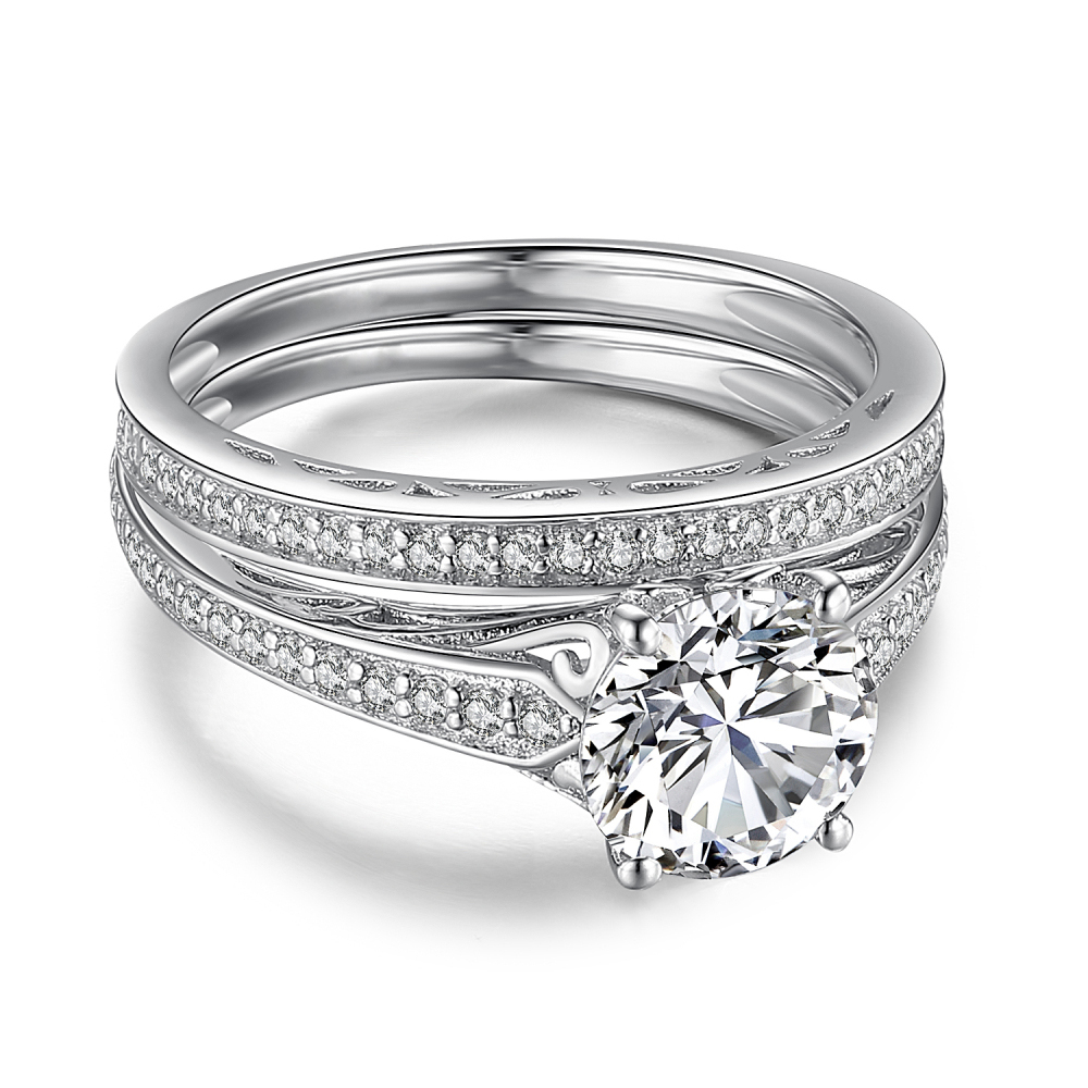 Round Cut Diamond White 925 Sterling Silver Bridal Ring Set