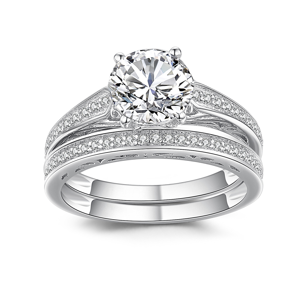 Round Cut Diamond White 925 Sterling Silver Bridal Ring Set