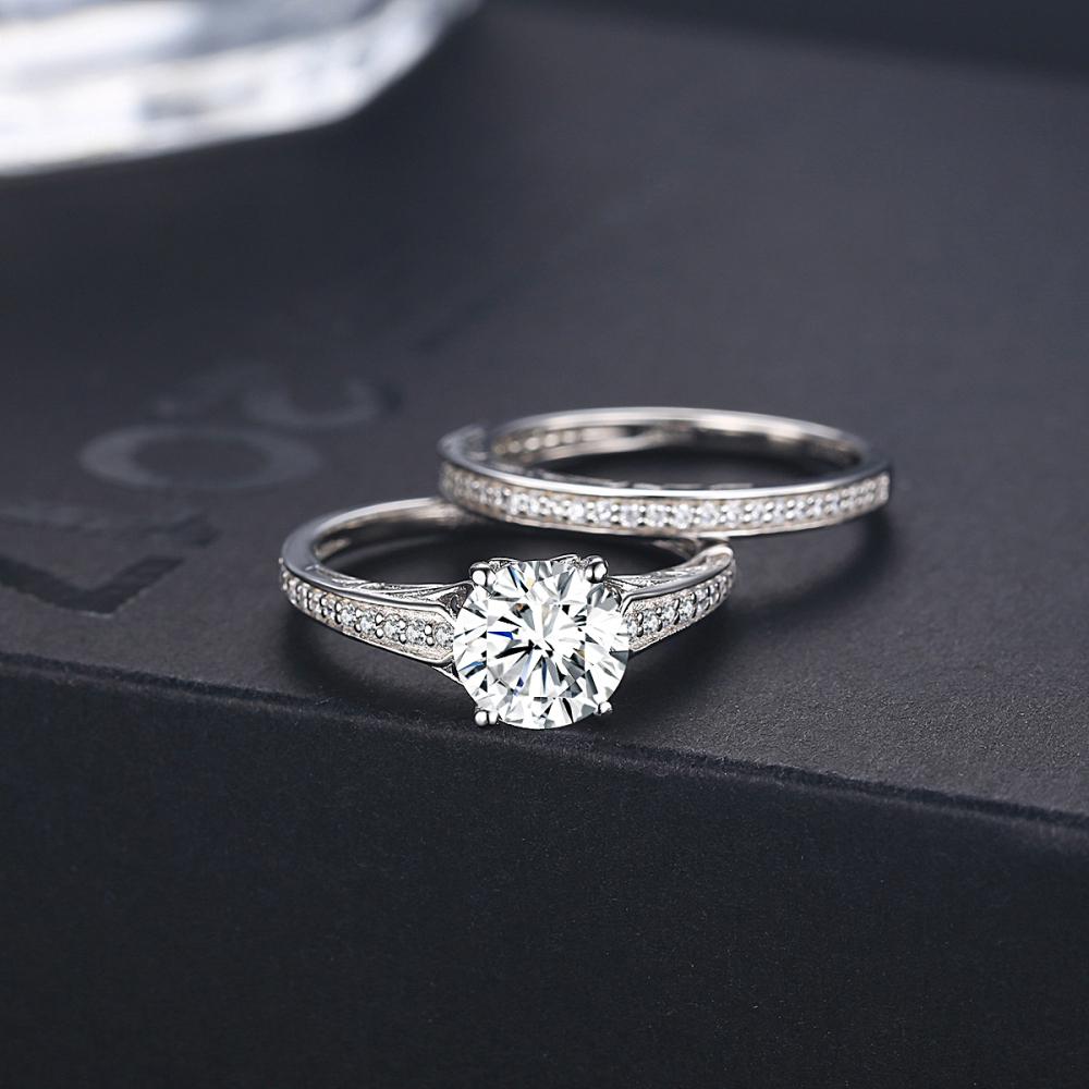 Round Cut Diamond White 925 Sterling Silver Bridal Ring Set