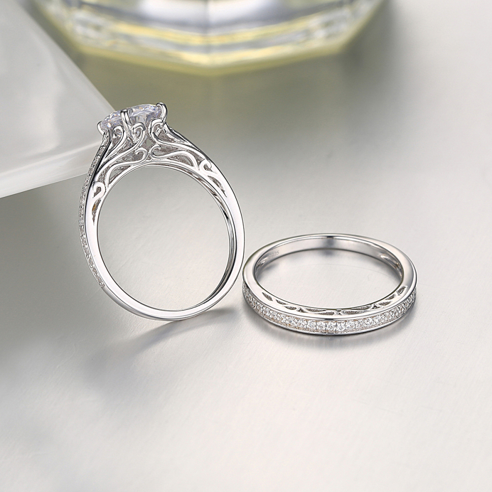 Round Cut Diamond White 925 Sterling Silver Bridal Ring Set