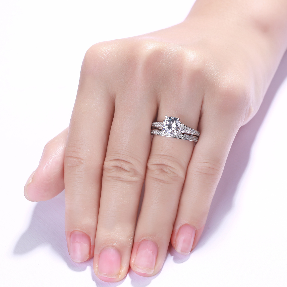 Round Cut Diamond White 925 Sterling Silver Bridal Ring Set