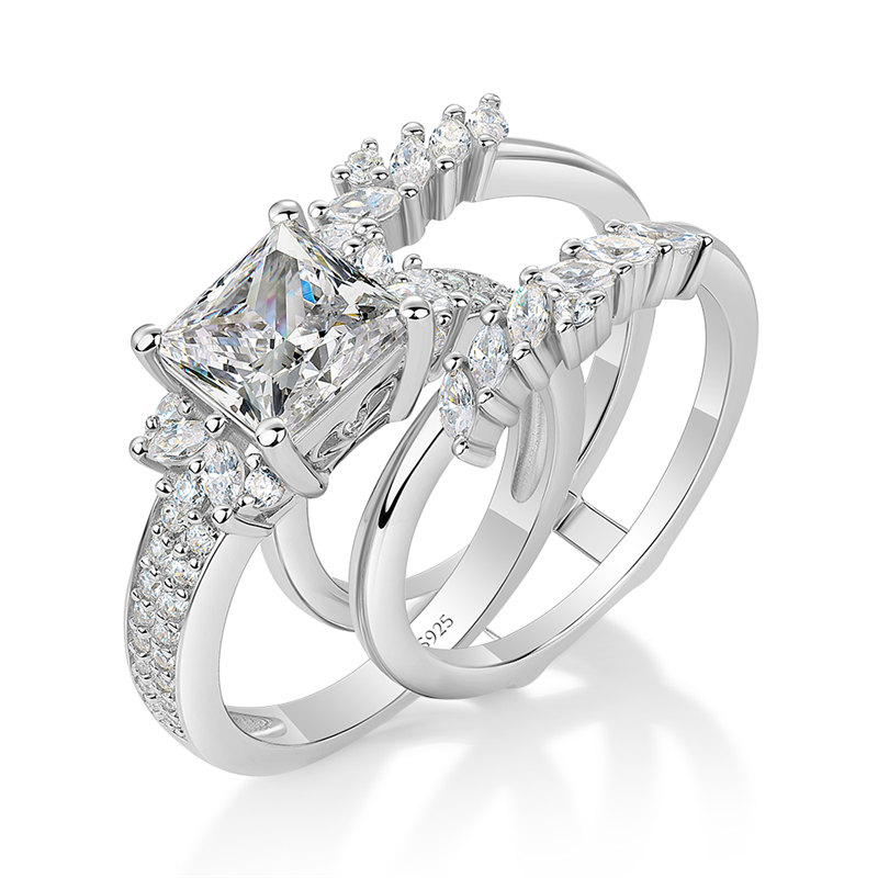 Princess Cut Diamond White Sterling Silver Enhancer 3-Stone Bridal Ring Set