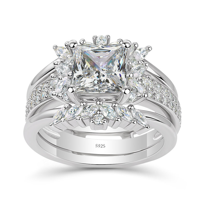 Princess Cut Diamond White Sterling Silver Enhancer 3-Stone Bridal Ring Set