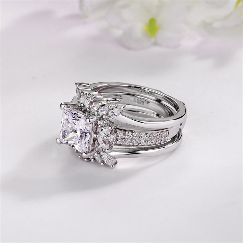 Princess Cut Diamond White Sterling Silver Enhancer 3-Stone Bridal Ring Set