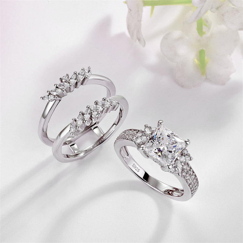 Princess Cut Diamond White Sterling Silver Enhancer 3-Stone Bridal Ring Set