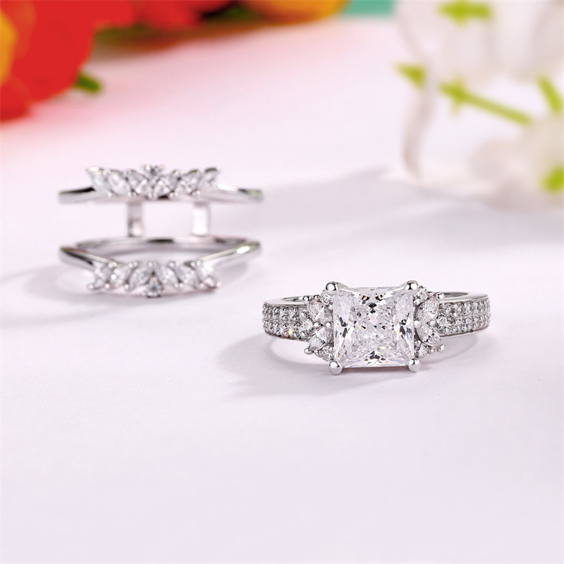 Princess Cut Diamond White Sterling Silver Enhancer 3-Stone Bridal Ring Set